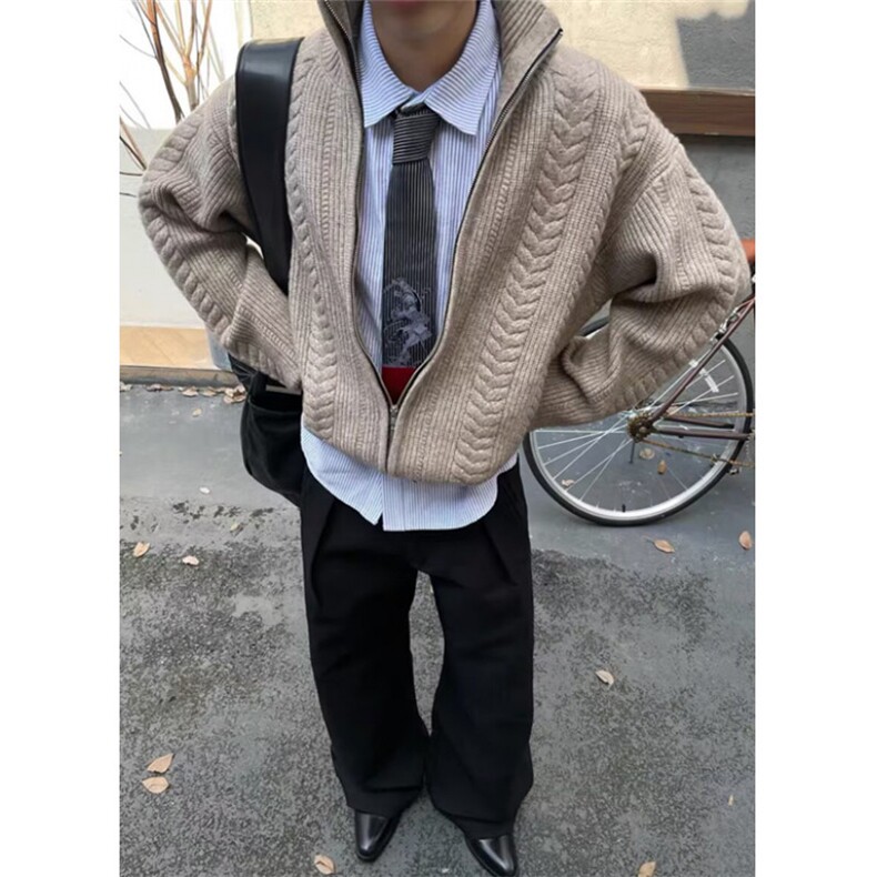 春季双拉链翻领扭花短款羊毛开衫软糯麻花毛衣针织外套上衣 MY04图片