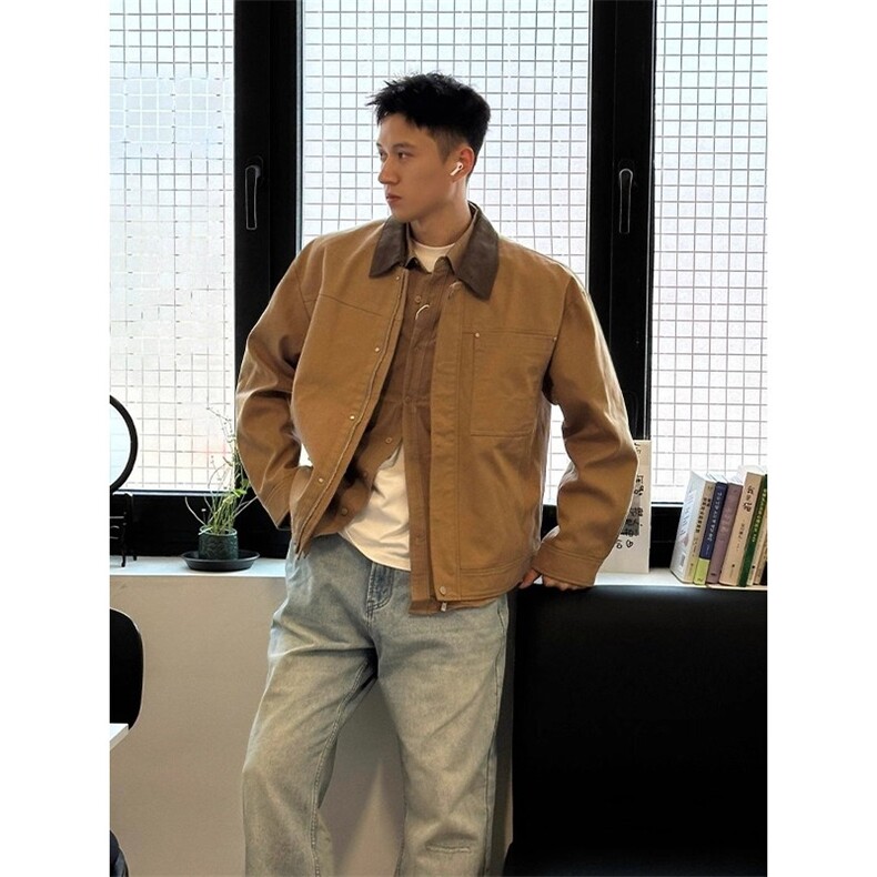 卡其色巴恩风外套男款初秋穿搭美式工装短款上衣纯棉拼接翻领夹克图片