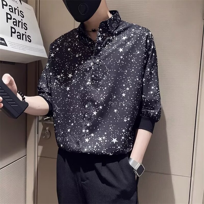 短袖衬衫男夏季满天星印花七分袖衬衣ins潮牌男士痞帅休闲上衣服,男装衬衫,星座1013