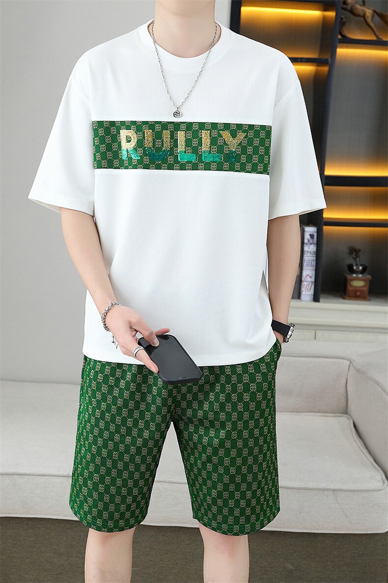 新款短袖t恤套装男夏季薄款休闲运动服潮牌印花华夫格短裤两件套,男装休闲套装,星座1801