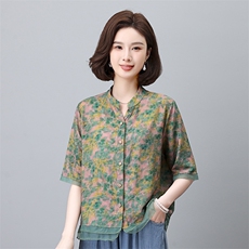 叶笙衣夏季新款女装宽松显瘦印花短袖衬衫上衣时尚百搭休闲衬衣，女装衬衫，叶笙衣