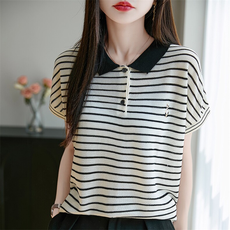 法式短袖娃娃脸针织T恤衫女2025夏季新款条纹莱赛尔休闲显瘦上衣，女装蕾丝衫/雪纺衫，羿纯羊绒