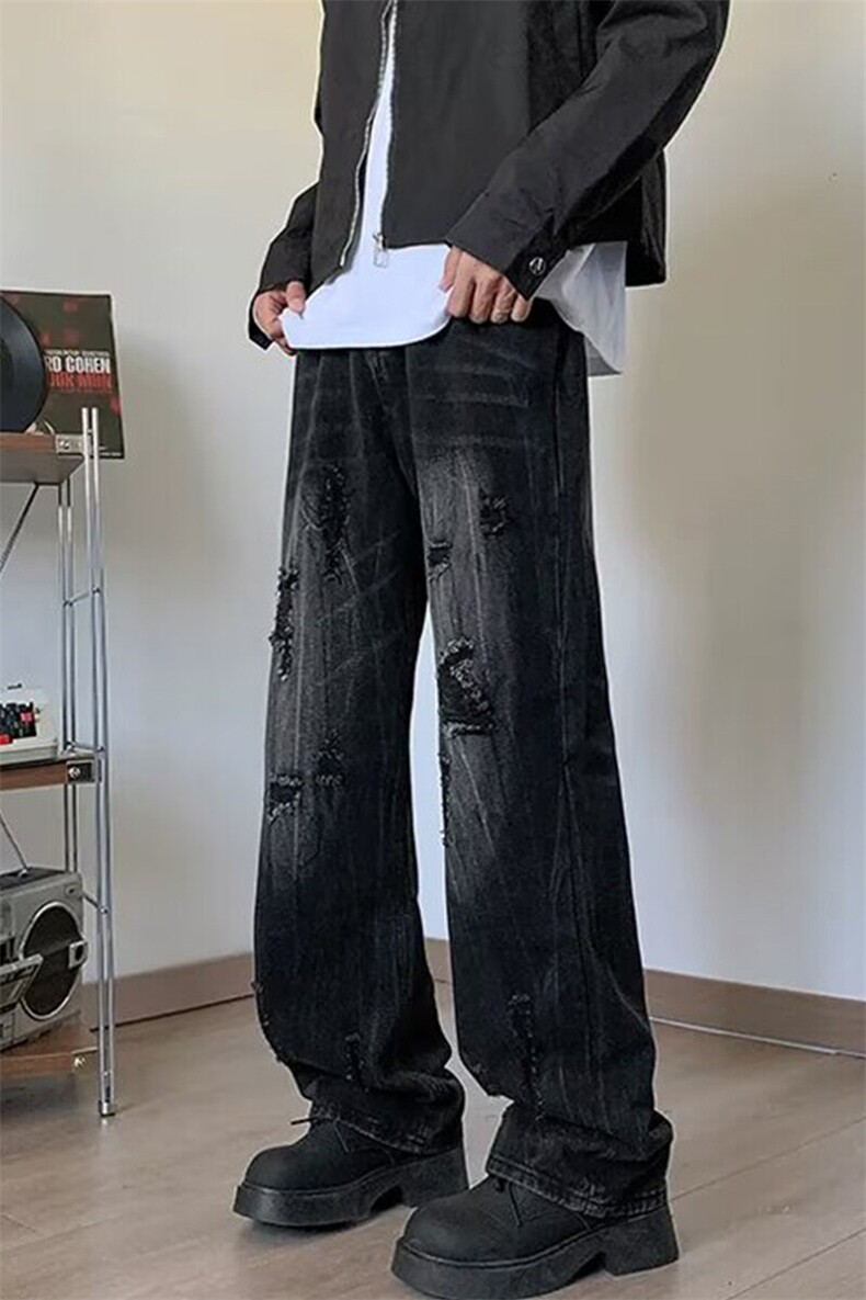 美式复古小众破洞牛仔裤高街百搭舒适情侣直筒裤KZ44556--TP40,男装牛仔裤,电商A247C