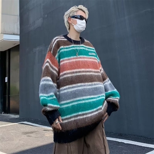 日系宽松慵懒风毛衣男2024春秋季条纹针织衫港风宽松情侣线衣图片