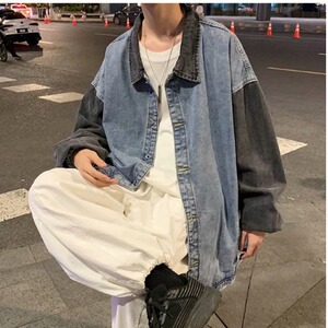 撞色拼接牛仔外套男春秋季韩版潮流宽松上衣港风日系复古休闲夹克图片