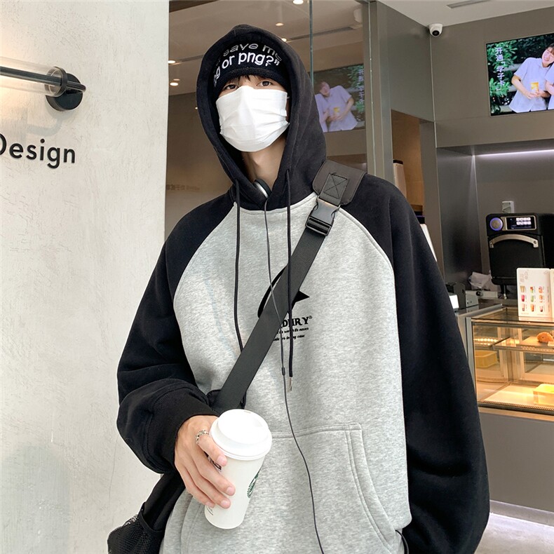 2025港风咖啡厅春款撞色插肩袖连帽卫衣WY650P58控78,男装卫衣,电商A247