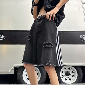 毛边破洞牛仔短裤男设计感小众三条杠做旧牛仔裤H219  P40图片