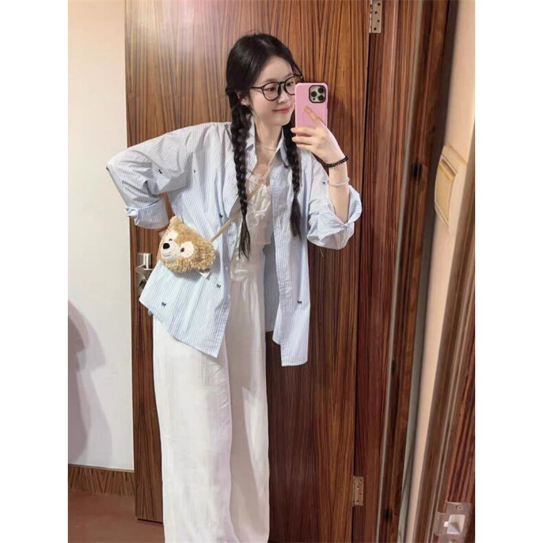 TC587-P45蓝白条纹蝴蝶结刺绣长袖衬衫女防晒衬衣上衣,女装衬衫,星座617A-2