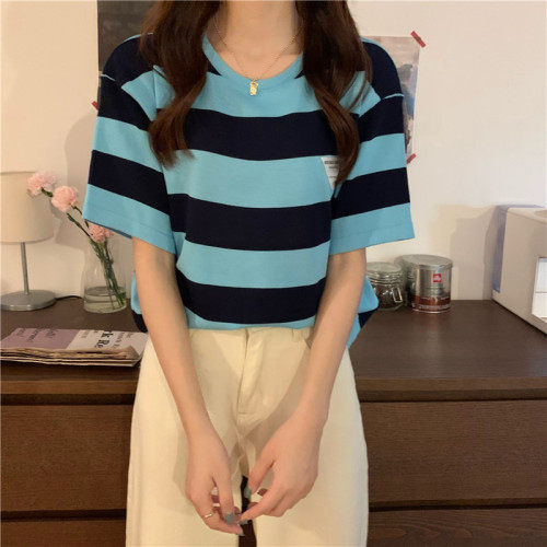 冰丝圆领套头撞色条纹修身百搭短袖针织上衣女，女装T恤，潮品会