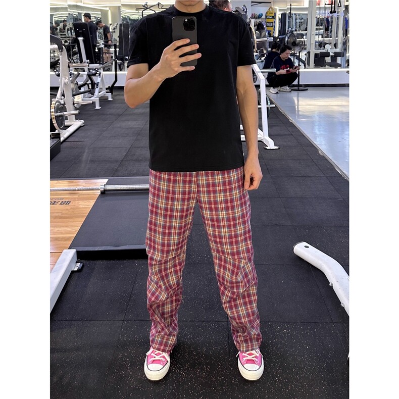 cleanfit蓝绿色格子裤男夏季慵懒透气薄款裤子美式复古微喇直筒裤，女装休闲裤，星座1210-1