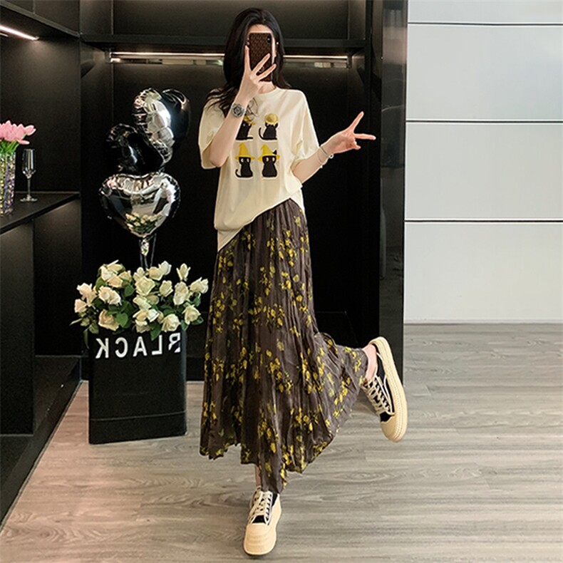 潮流时尚套装女夏新款简约甜美圆领短袖上衣黄花色碎花长裙两件套,女装套装/套裙,江南