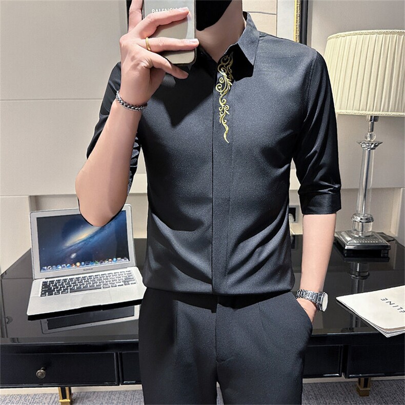红夏季男士刺绣七分袖衬衫男痞帅店主风衬衣301A-1/CS330/P55,男装衬衫,星座301A-1