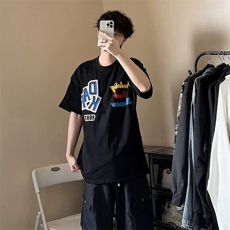 万针全刺绣工艺抖音得物高品质260克重磅纯棉双纱美式高街短袖T恤,男装T恤,电商A486