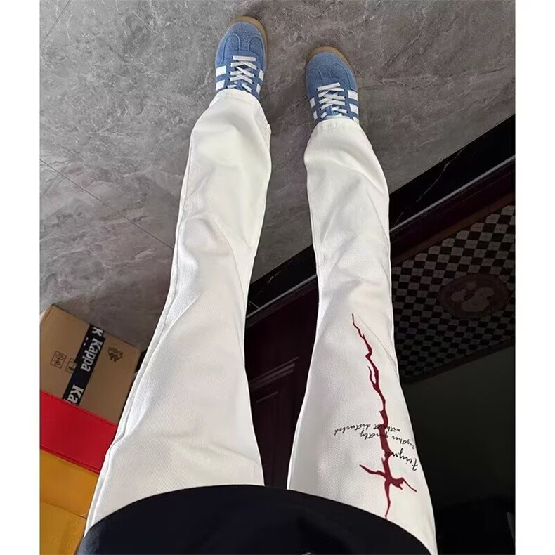 美式高街白色裤子闪电印花牛仔裤男直筒修身显瘦休闲裤网图NK2234,男装牛仔裤,星座302B-2