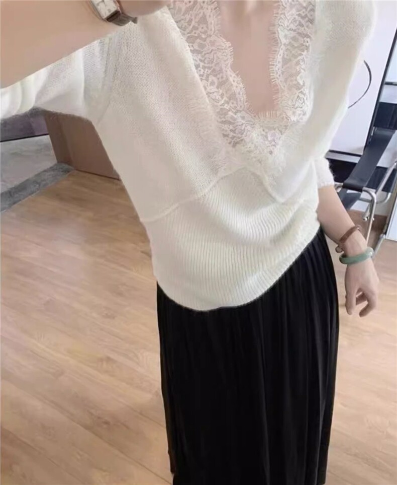 2024年秋季套头长袖纯色V领蕾丝拼接显瘦针织衫，女装羊毛衫，若菲羊绒