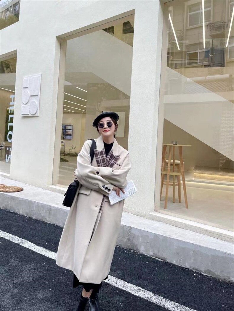 格纹拼接长款毛呢大衣，其它，Balance Studio