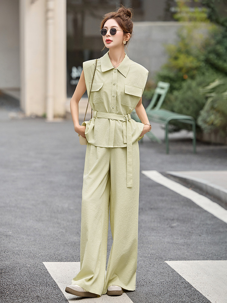 小香风套装女2025夏日新款韩系高级松弛感休闲无袖衬衫阔腿裤穿搭,女装套装/套裙,伊仟回