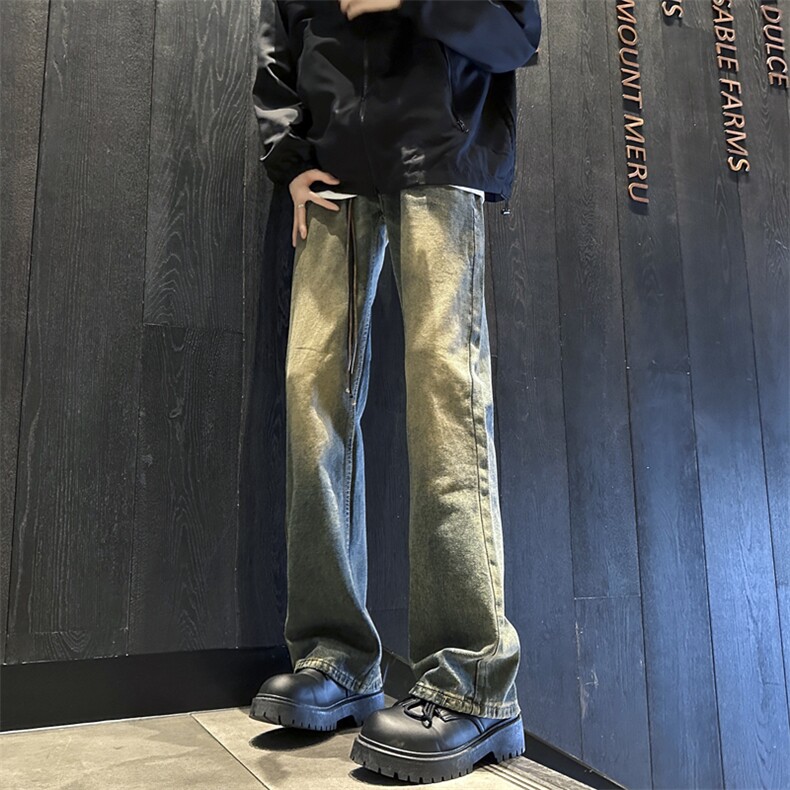 窄版直筒牛仔裤男高街水洗做旧黄泥修身微喇长裤 GN7029-P45图片