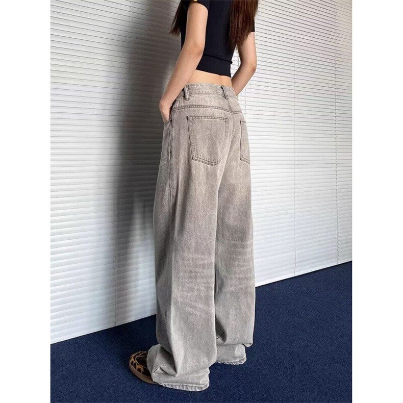 复古高街烟灰色牛仔裤男女春秋设计感宽松显瘦阔腿直筒长裤,男装牛仔裤,星座506A