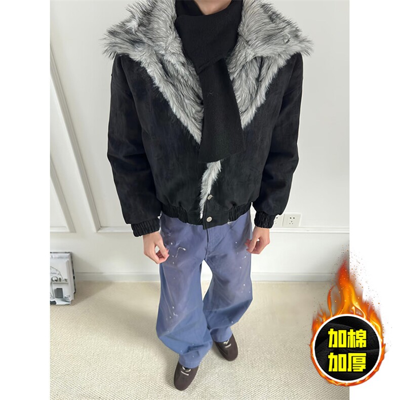 现货高品质美式高街重磅狼王座山雕毛毛领假两件棉衣加厚棉服外套，男装棉衣，电商A486