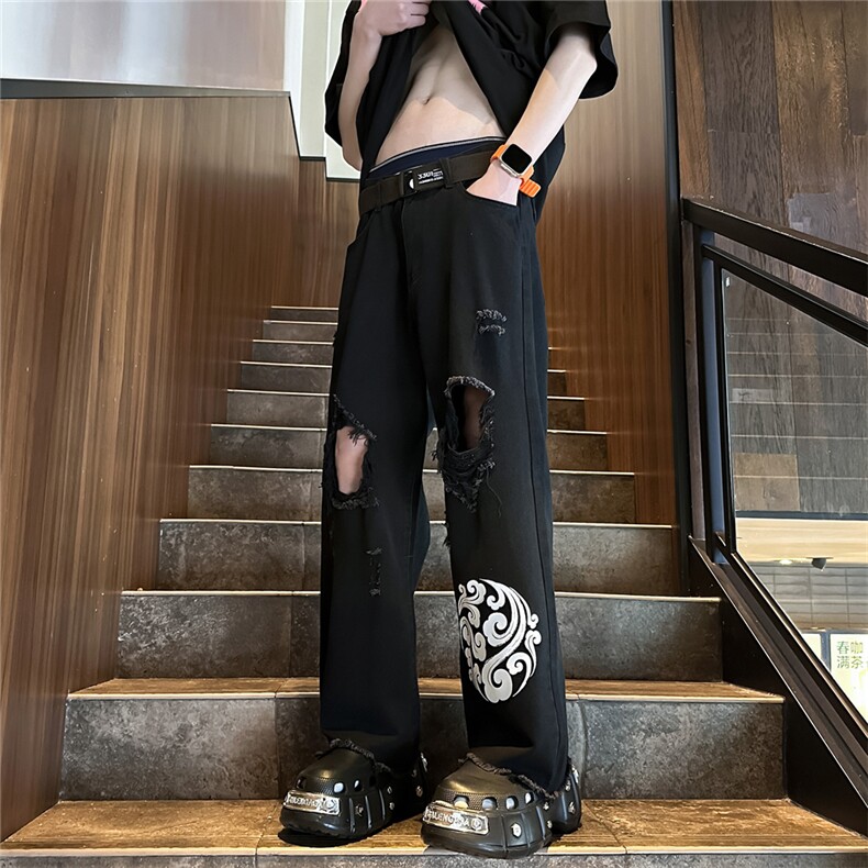 k1080-p55-控78 M-5XL 现货oversize cleanfit显瘦黄泥牛仔裤破洞图片