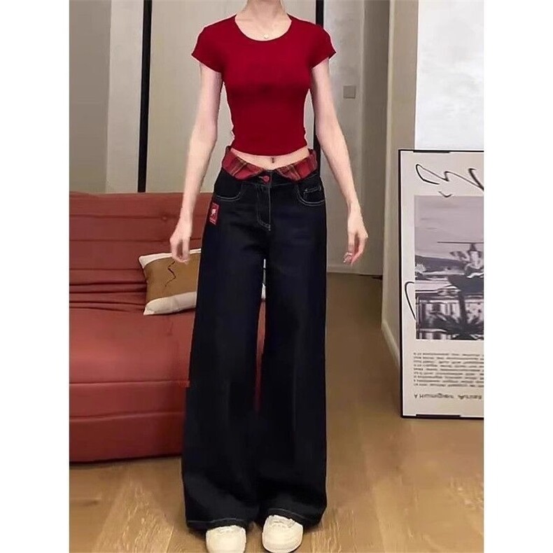 kt猫刺绣黑色直筒牛仔裤女2026春季新款小个子高腰宽松阔腿长裤子,男装牛仔裤,星座1210-1