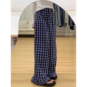 格子裤女夏季2025新款高腰显瘦慵懒风小个子休闲阔腿裤 K8628图片