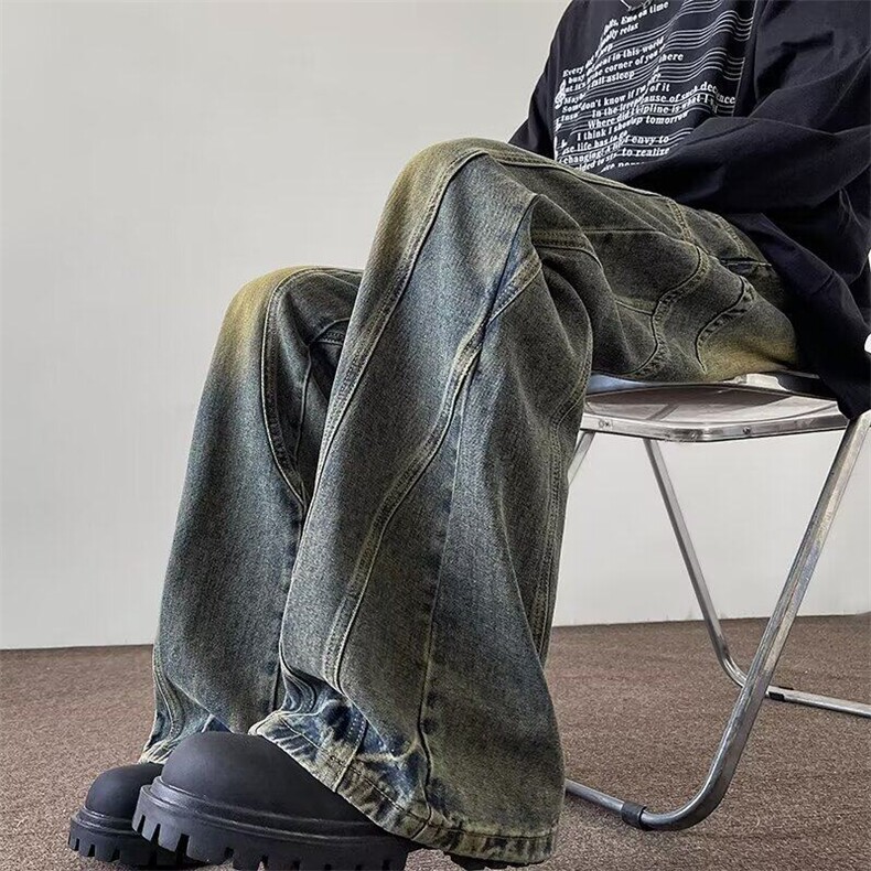 GHF18-P55水洗做旧黄泥色牛仔裤子美式复古拼接黄泥色微喇拖地，男装牛仔裤，星座1503-1