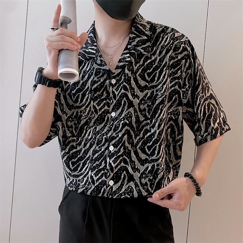 S87/P58控78夏季社会小伙复古轻奢冰丝条纹凉感衬衫男黑首1,男装衬衫,星座305B