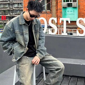 1506/QW0300/P45春秋新款牛仔外套男青年落肩袖复古牛仔外衣潮装图片