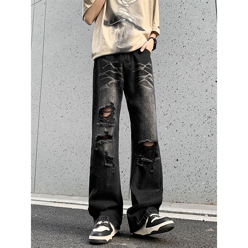 B221美式ins高街暗黑小众夏季重工艺破洞牛仔裤LK24179-P60控78,男装牛仔裤,电商B221