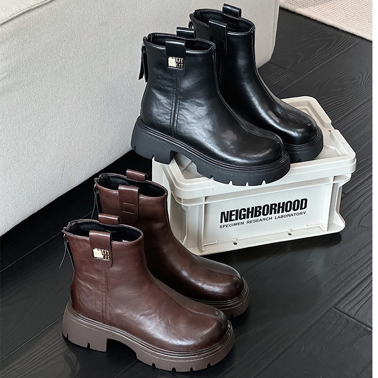 切尔西真皮马丁靴女2024新款秋冬加绒瘦瘦弹力靴中筒复古短靴，女鞋马丁靴，电商A223