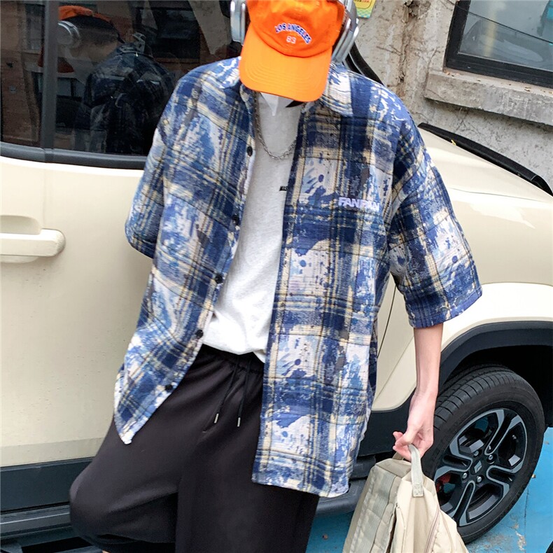 2026夏美式扎染刺绣格子短袖衬衫衬衣五分袖CS1805/特P35蓝色6,男装衬衫,电商A094