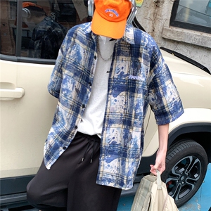 2026夏美式扎染刺绣格子短袖衬衫衬衣五分袖 CS1805/特P35 蓝色6图片