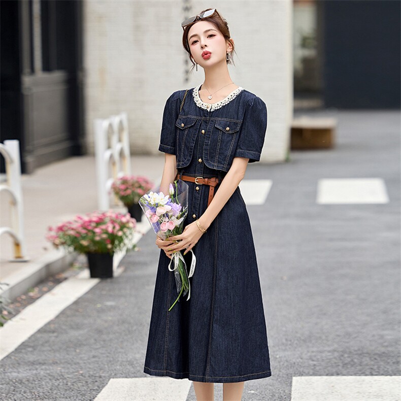 复古深蓝色短袖牛仔连衣裙女2025夏新款气质系带收腰休闲减龄裙子,女装连衣裙,美沁