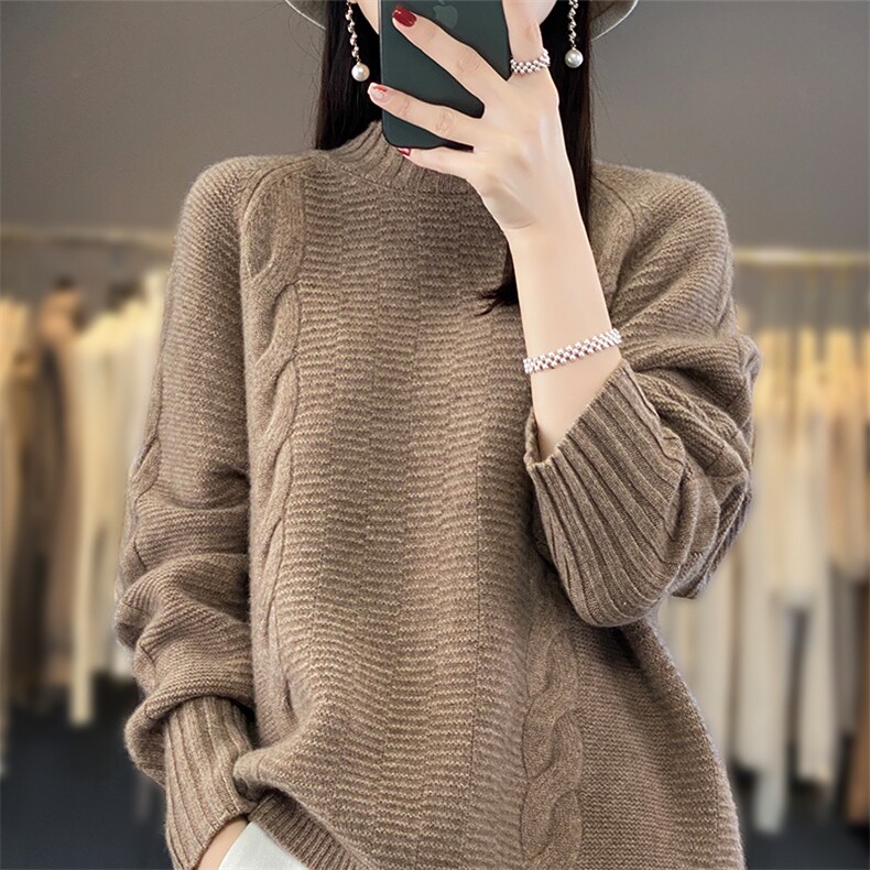 秋冬款复古大麻花宽松慵懒100%羊绒衫女加厚半高圆领针织打底上衣,女装羊毛衫,优麦羊绒（原洪叶羊绒）