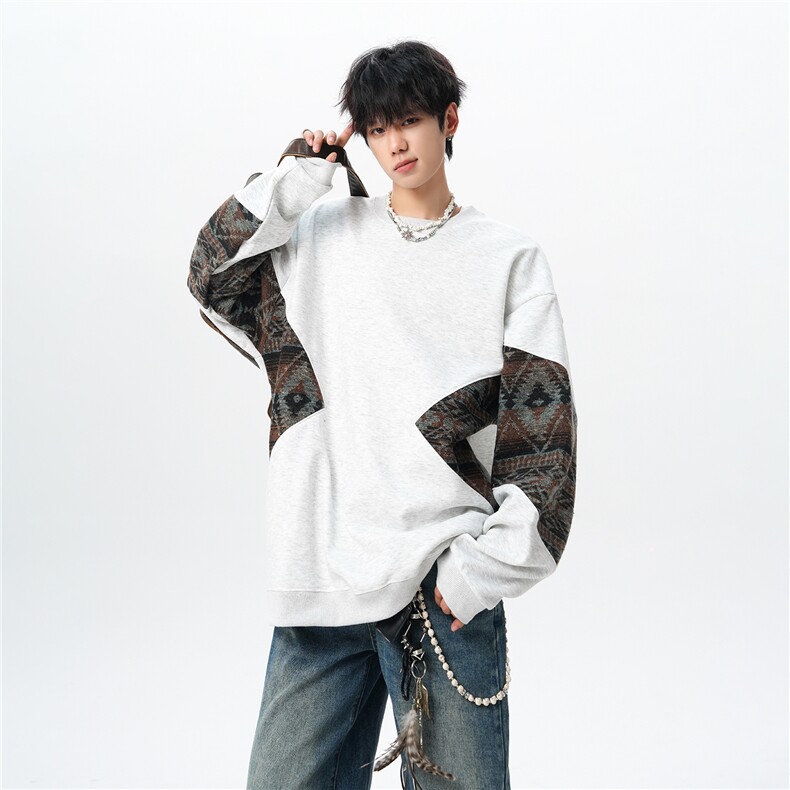 8XL-M春秋季圆领拼接撞色民族风卫衣男新款潮牌上衣服WY005P58,男装民族服装,电商B312