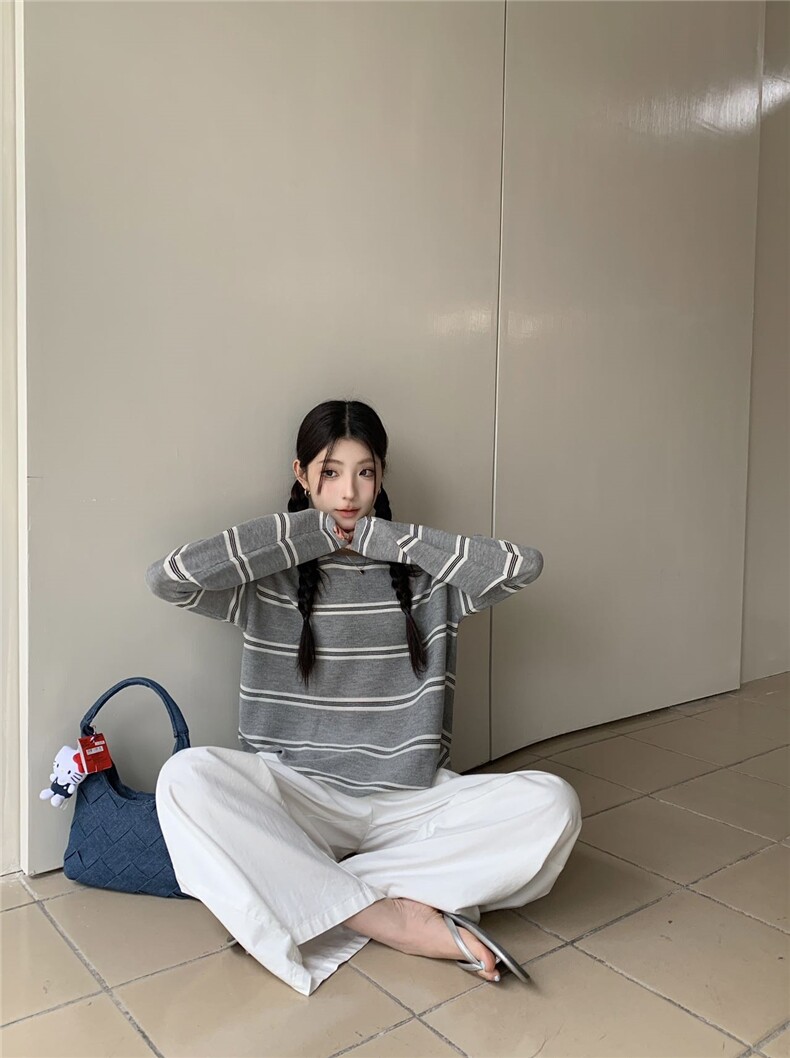 新款简约百搭条纹长袖针织女宽松休闲上衣图片