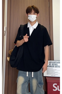 假两件短袖t恤男款夏季薄款韩系痞帅高级感衬衫领拼接翻领POLO衫图片