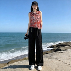女夏季新款唐装时尚气质套装民族风立领提花无袖上衣阔腿裤两件套，女装套装/套裙，江南