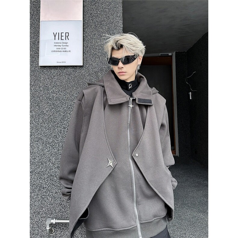 假两件连帽卫衣男春秋季vibe美式复古宽松休闲痞帅拉链外套JKB936,女装短外套,星座516A