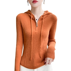 100%纯羊毛衫女半拉链帽衫坑条长袖连帽羊绒衫宽松针织衫抽绳毛衣，女装羊毛衫，九嘉羊绒