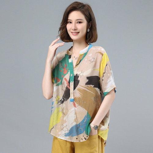 2021夏季新款时尚休闲镶钻印花宽松衬衫，女装衬衫，叶笙衣