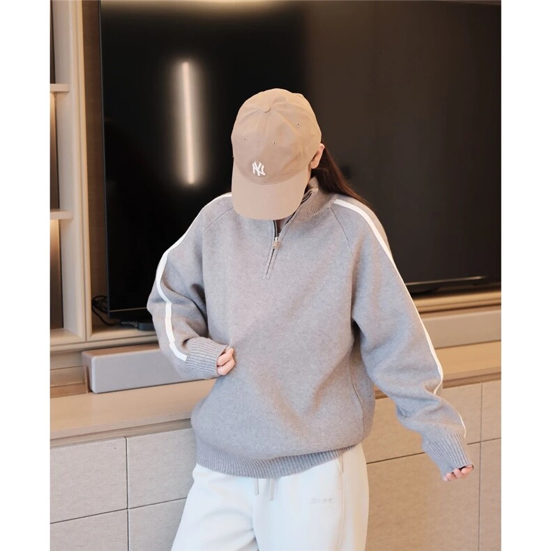 网图76305-P70半拉链条纹立领开衫毛衣男女同款冬季保暖针织衫,男装针织衫/毛衣,电商D310B