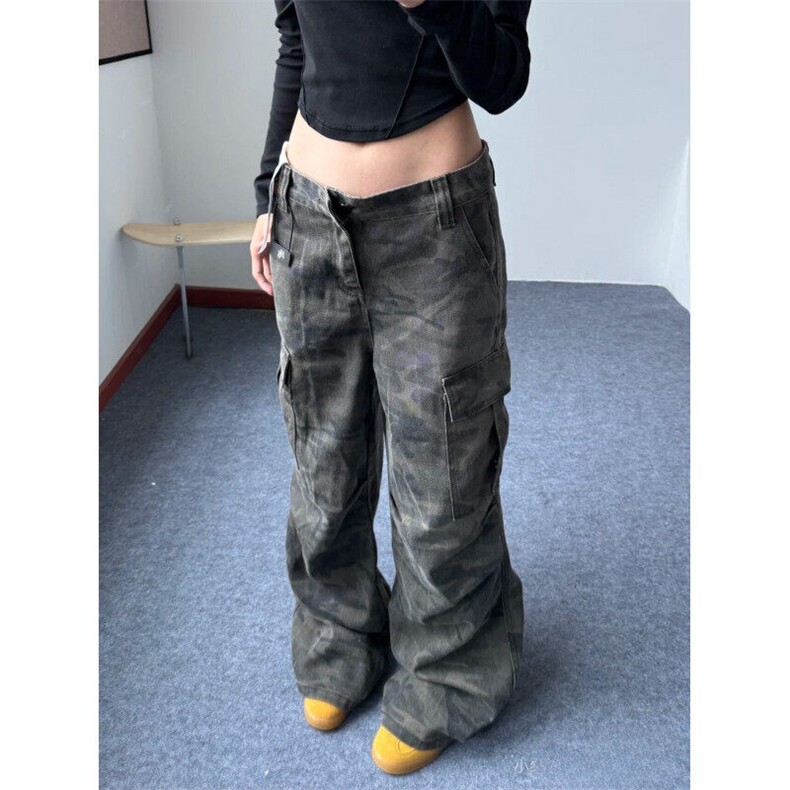 新款美式复古vibe风迷彩裤百搭修身显高男女同款直筒微喇裤N47，男装牛仔裤，星座1116A（原606A-3）