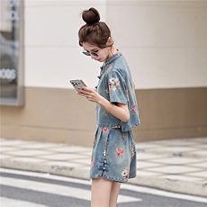 现货主推2026年夏季新款女装时尚复古印花轻薄牛仔新中式两件套，女装套装/套裙，关键词