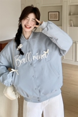 蓝色韩系chic别致字母刺绣棒球服女2025秋新款减龄蝴蝶结时尚外套，女装短外套，2C176