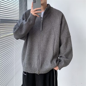 秋冬慵懒风简约百搭纯色重磅拉链休闲宽松毛衣针织立领开衫 M276图片