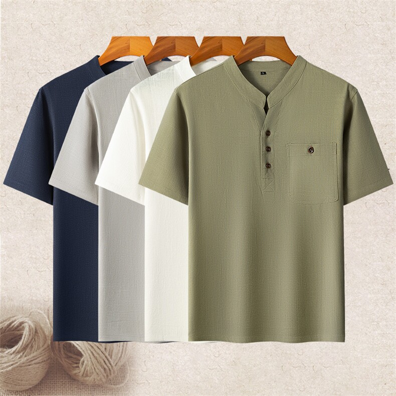 主推风亚麻短袖男大码V领唐装中老年棉麻T恤爸爸夏装短袖，男装T恤，钱塘723