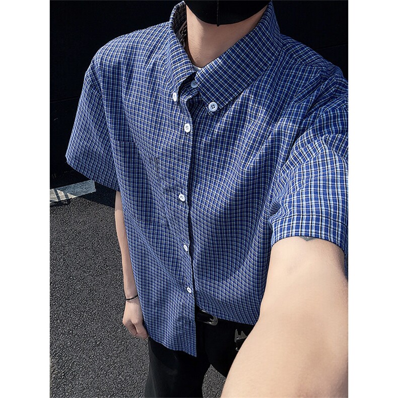 特批P30无差价夏季百搭休闲格子设计男潮流宽松短袖衬衫CD5495,男装衬衫,电商A001